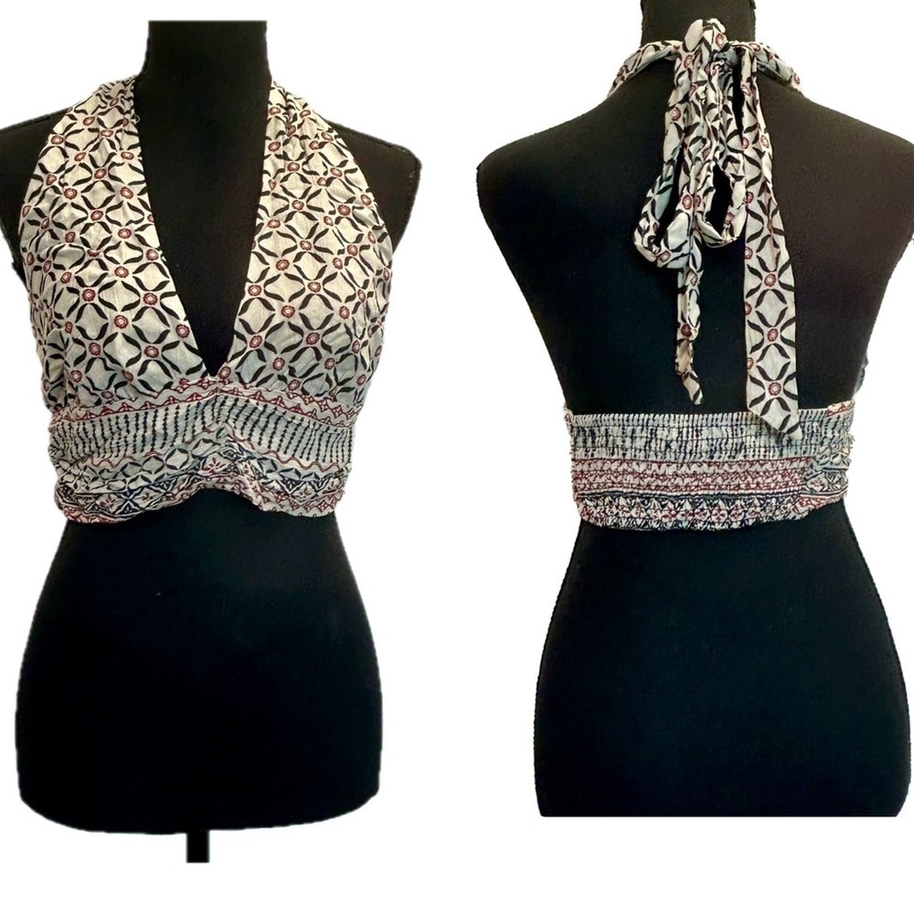 Pull&Bear cream red printed BoHo bohemian halter top crop top smocked back NWOT